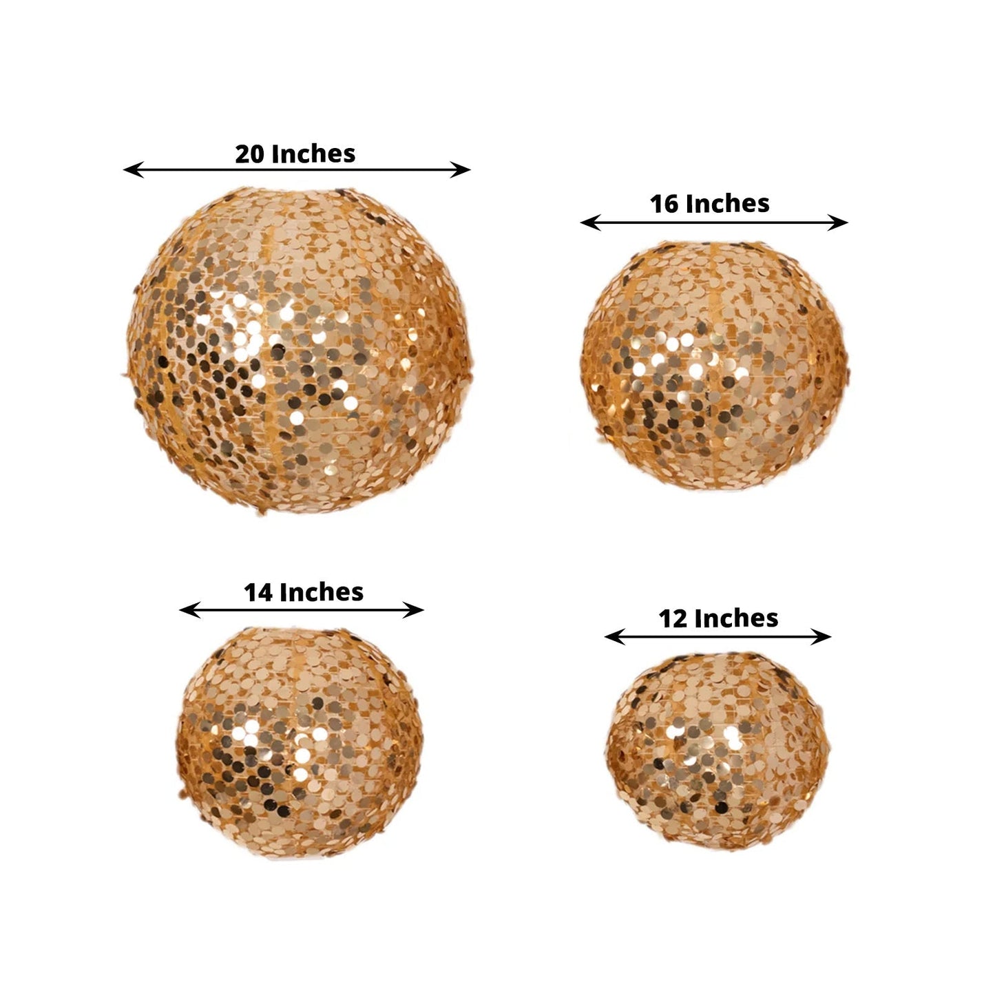 Set of 4 Glitter Gold Payette Sequin Hanging Lanterns, Large Decorative Round Foldable Fabric Chinese Lantern Lampshades - 12",14",16",20"