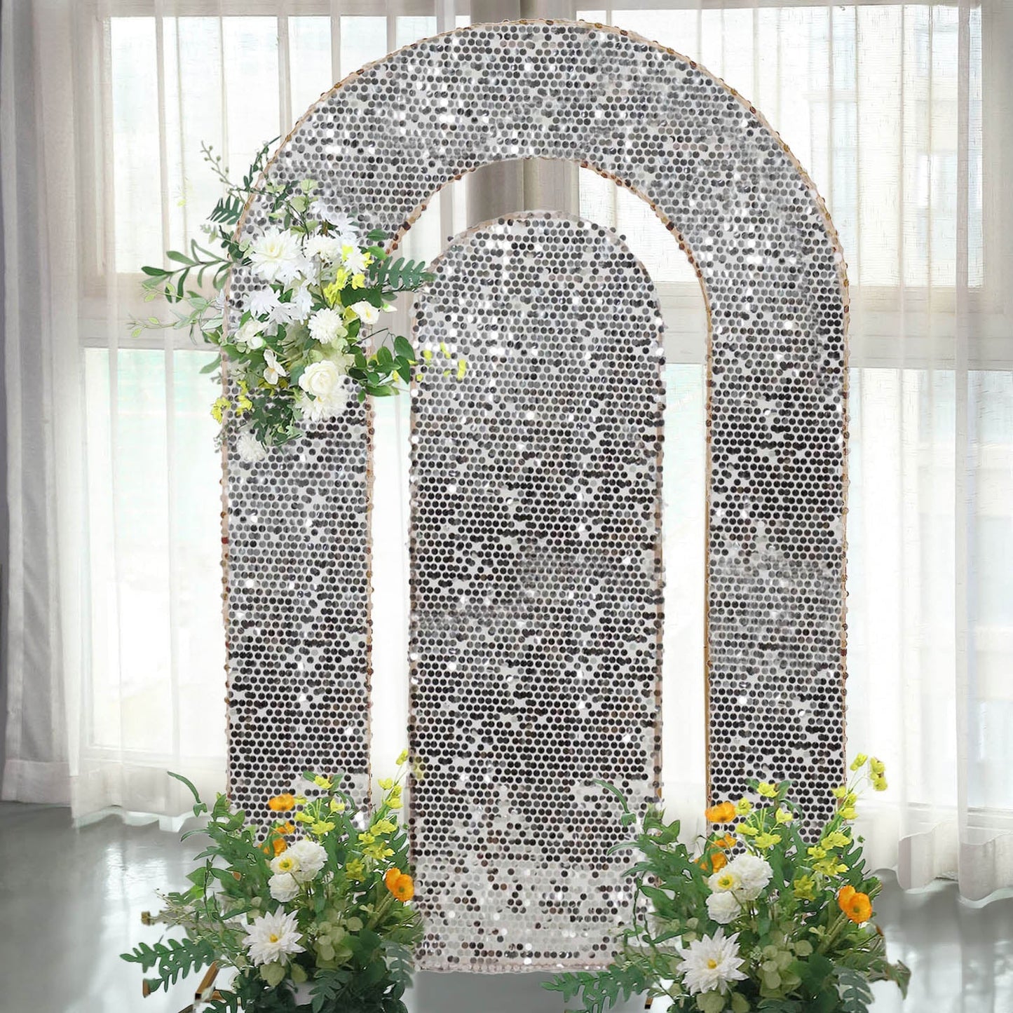 Set of 2 Silver Payette Sequin Wedding Arch Covers for Round Top and Double Arch Chiara Backdrop Stands - 6ft,8ft