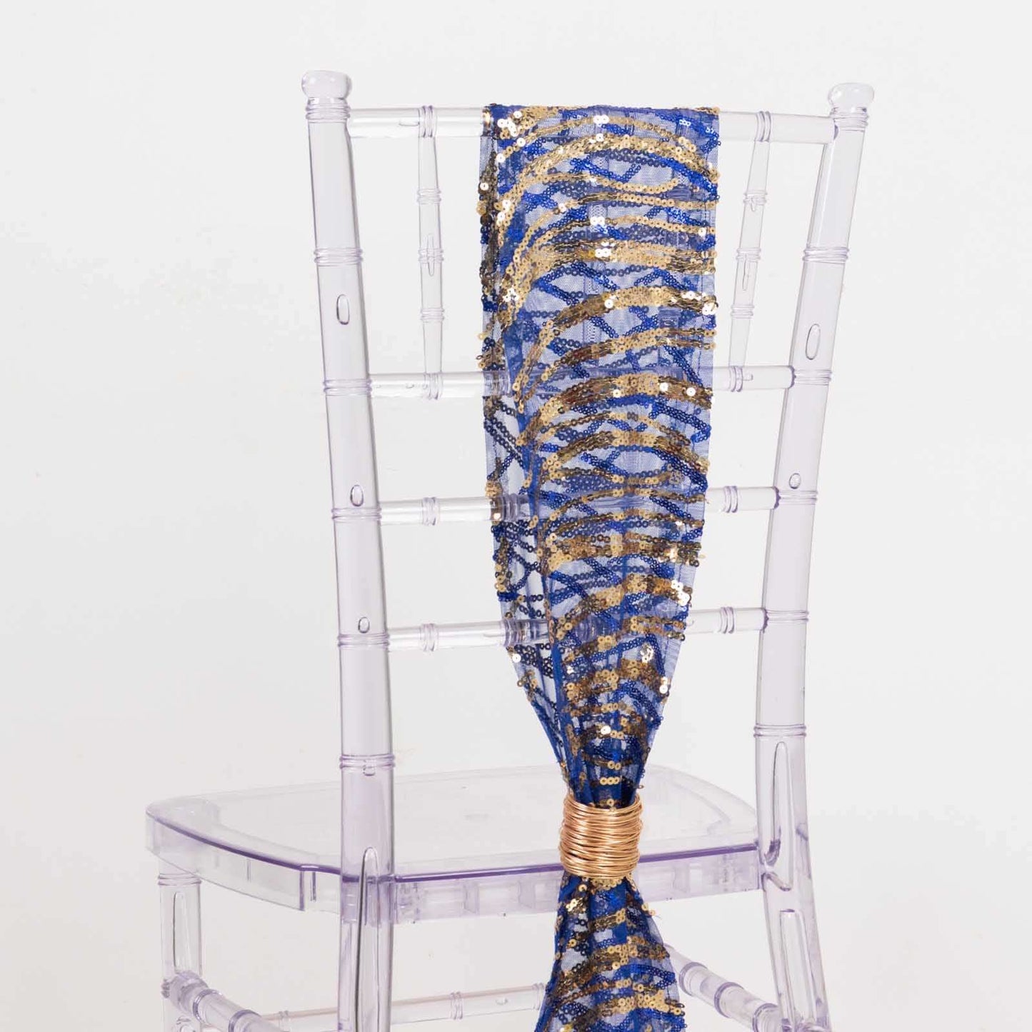 5 Pack Chair Sashes with Wave Embroidered Sequins Royal Blue/Gold 6"x88"
