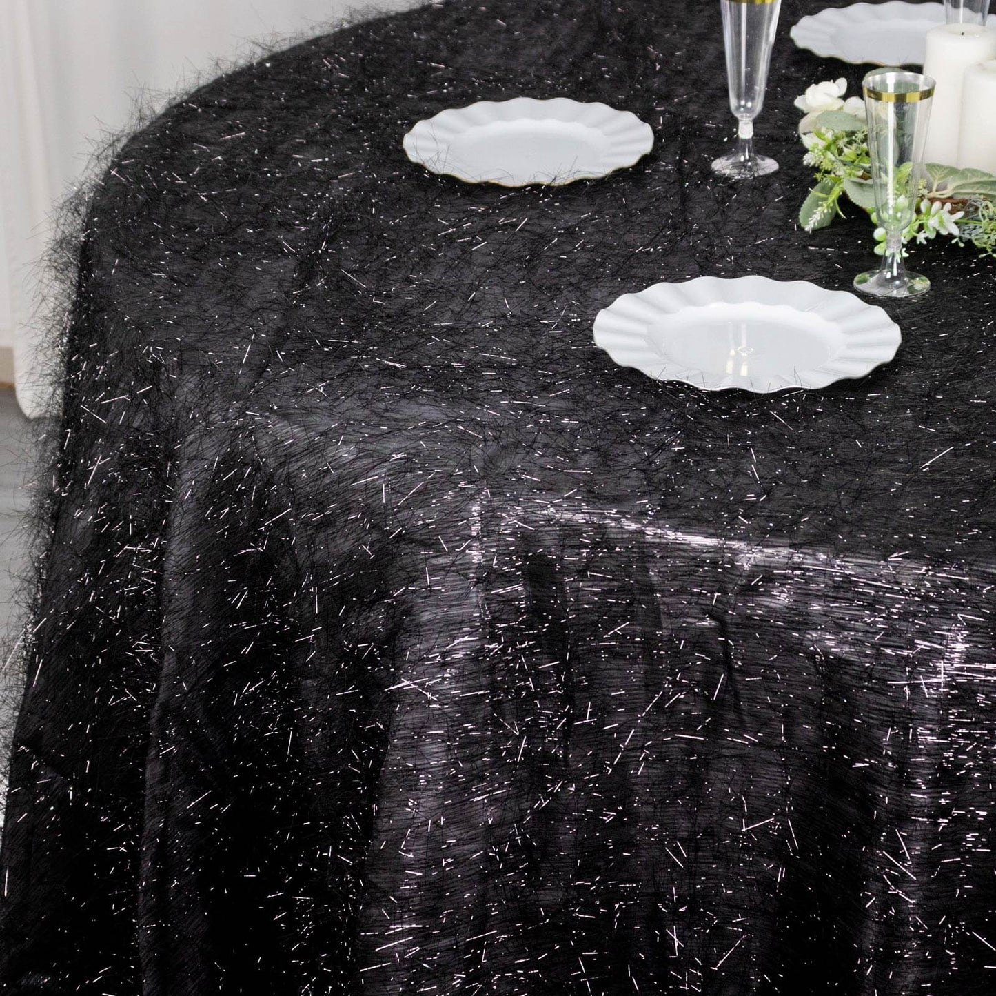 Polyester 120" Round Black Tablecloth Metallic Fringe Shag Tinsel Table Cover