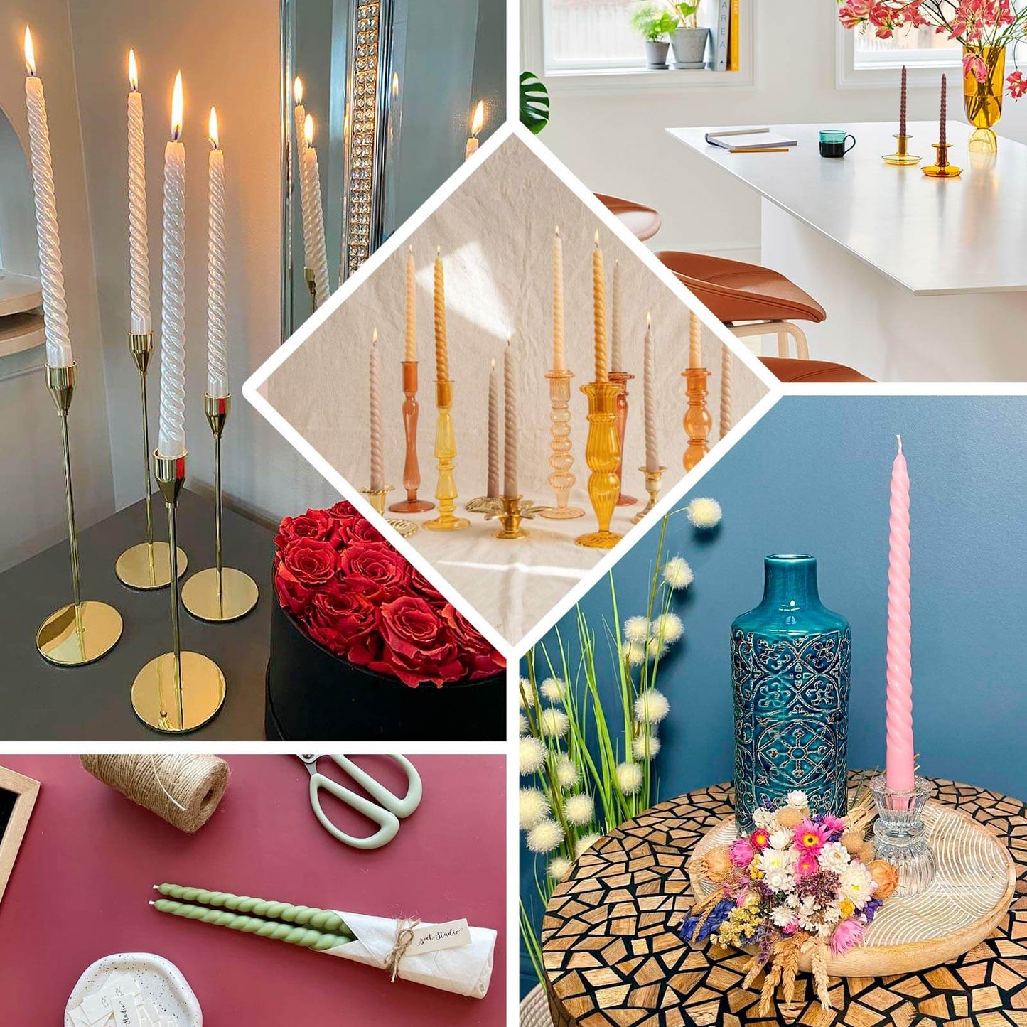 12-Pack Taper Candles Spiral Long Burn Wick Design Matte Rose Gold - Premium Unscented Wax Dinner Candle Sticks 11"