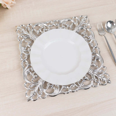 6-Pack Acrylic Square Charger Plates 12" in Silver with Hollow Lace Border, Event Tabletop Decorative Charger Tableware