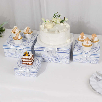 Set of 4 Cardstock Square Nesting Gift Boxes White Blue French Toile Design - Decorative Heavy Duty Stackable Keepsake Boxes With Lids for Presents Storage & Pedestal Stand 6",7",8",9"