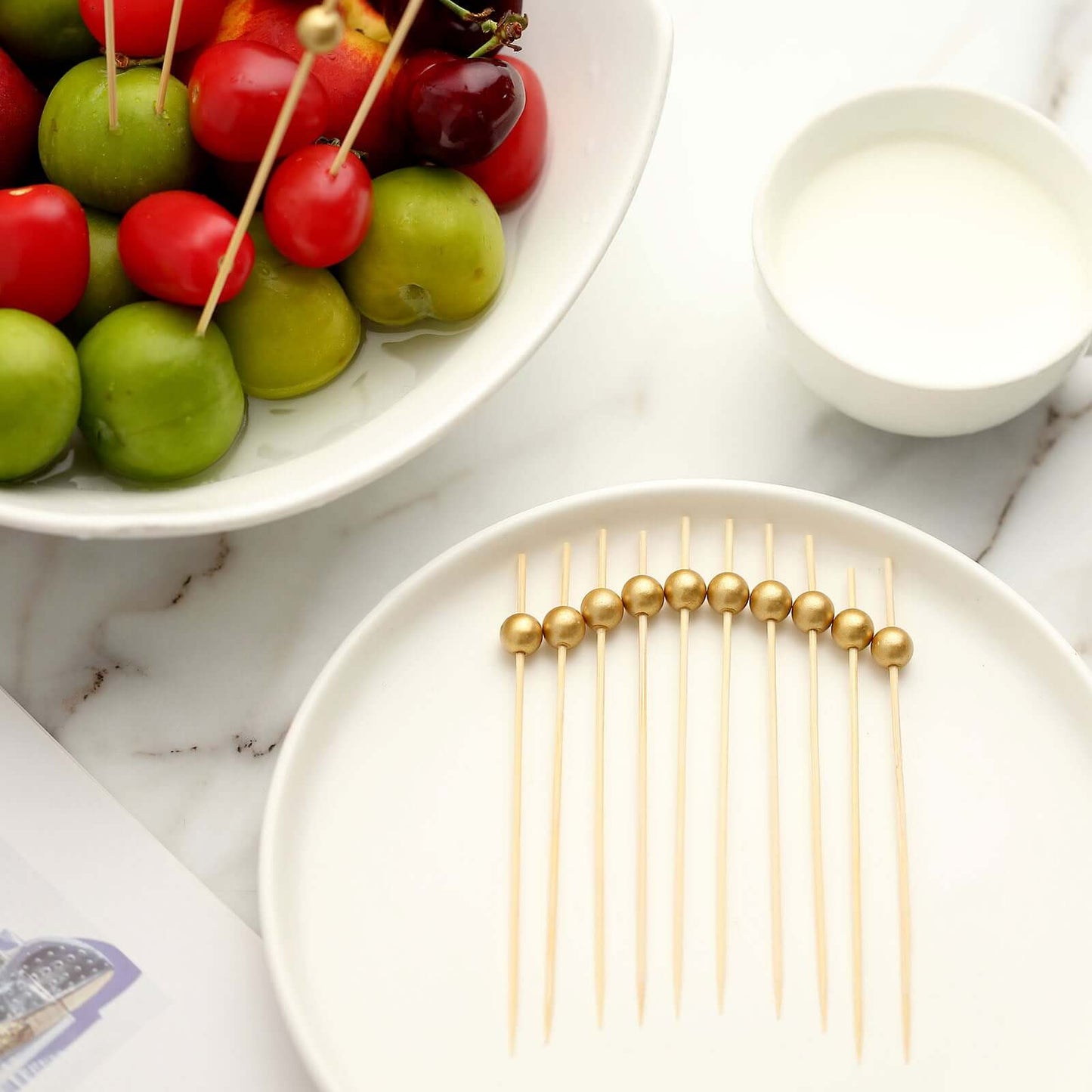 100-Pack Bamboo Cocktail Picks Gold Pearl Decorative Top Design - Eco Friendly Stir Sticks 4.5"