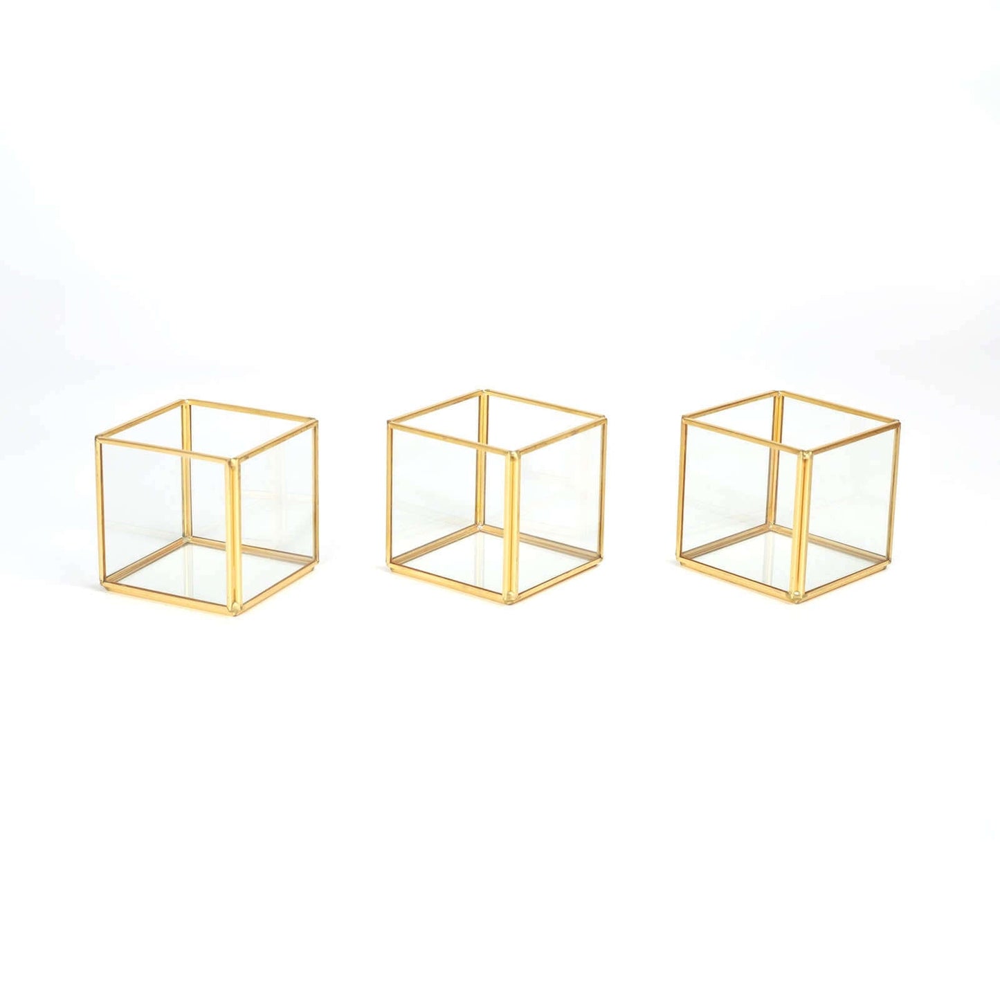 3-Pack Glass Tealight Votive Candle Holders Square Cube Design Clear with Gold Metal Frame - Stackable 3"