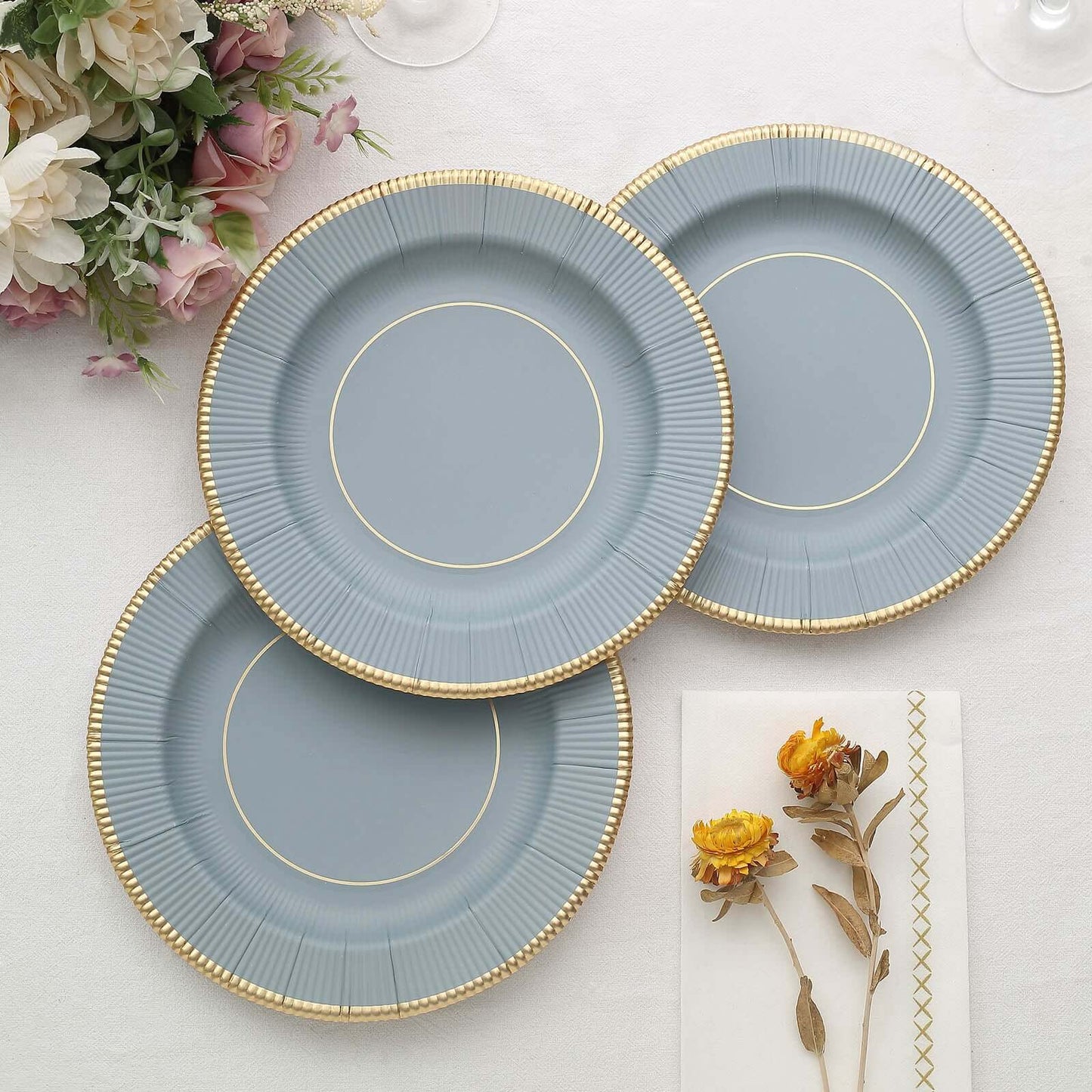 25-Pack Paper 8" Round Dessert Plates in Dusty Blue Sunray Design with Gold Rim - Disposable Heavy Duty 350GSM Appetizer Salad Plates