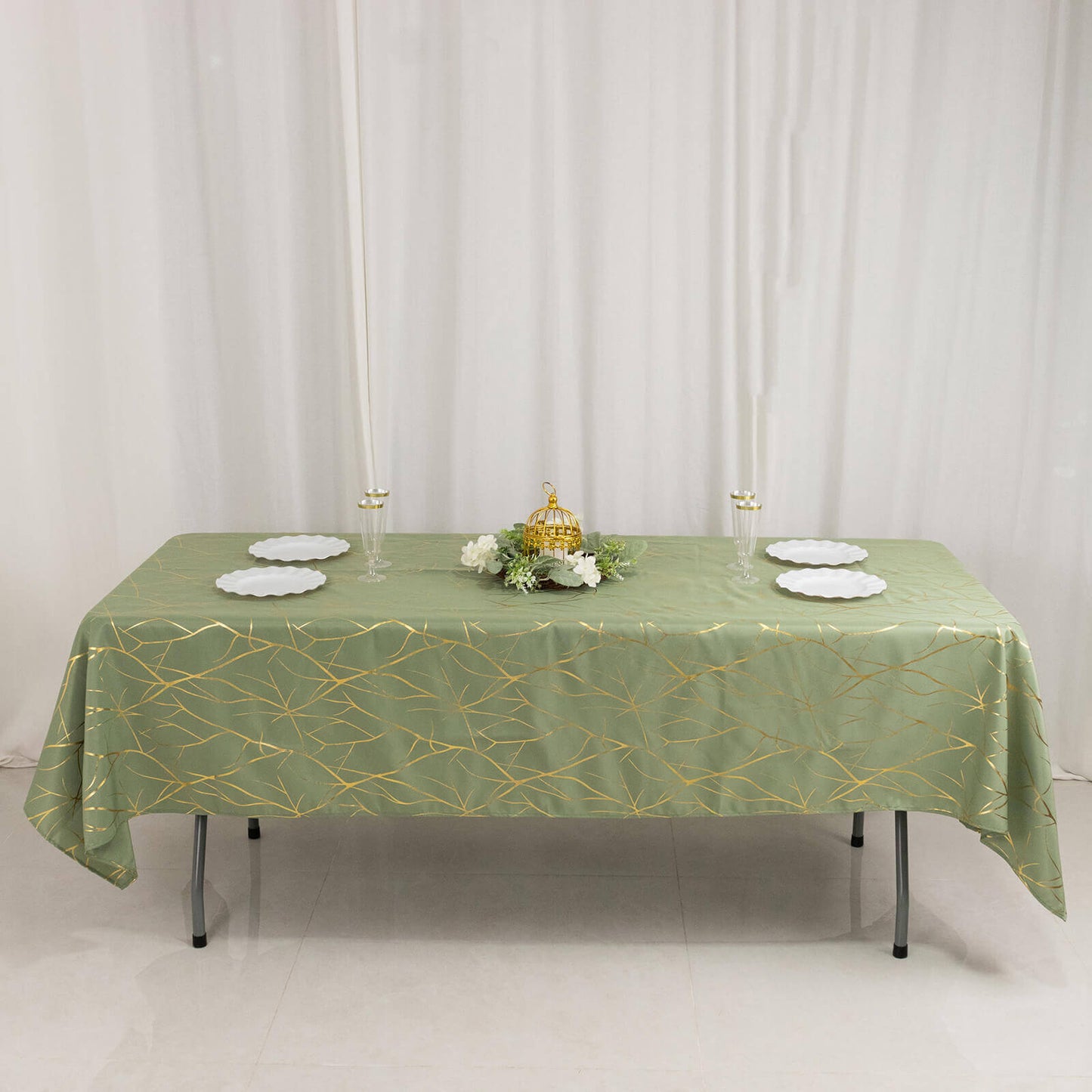 Polyester 60"x102" Rectangle Tablecloth Dusty Sage Green with Gold Foil Tree Branch Pattern - Wrinkle-Resistant & Durable Table Cover