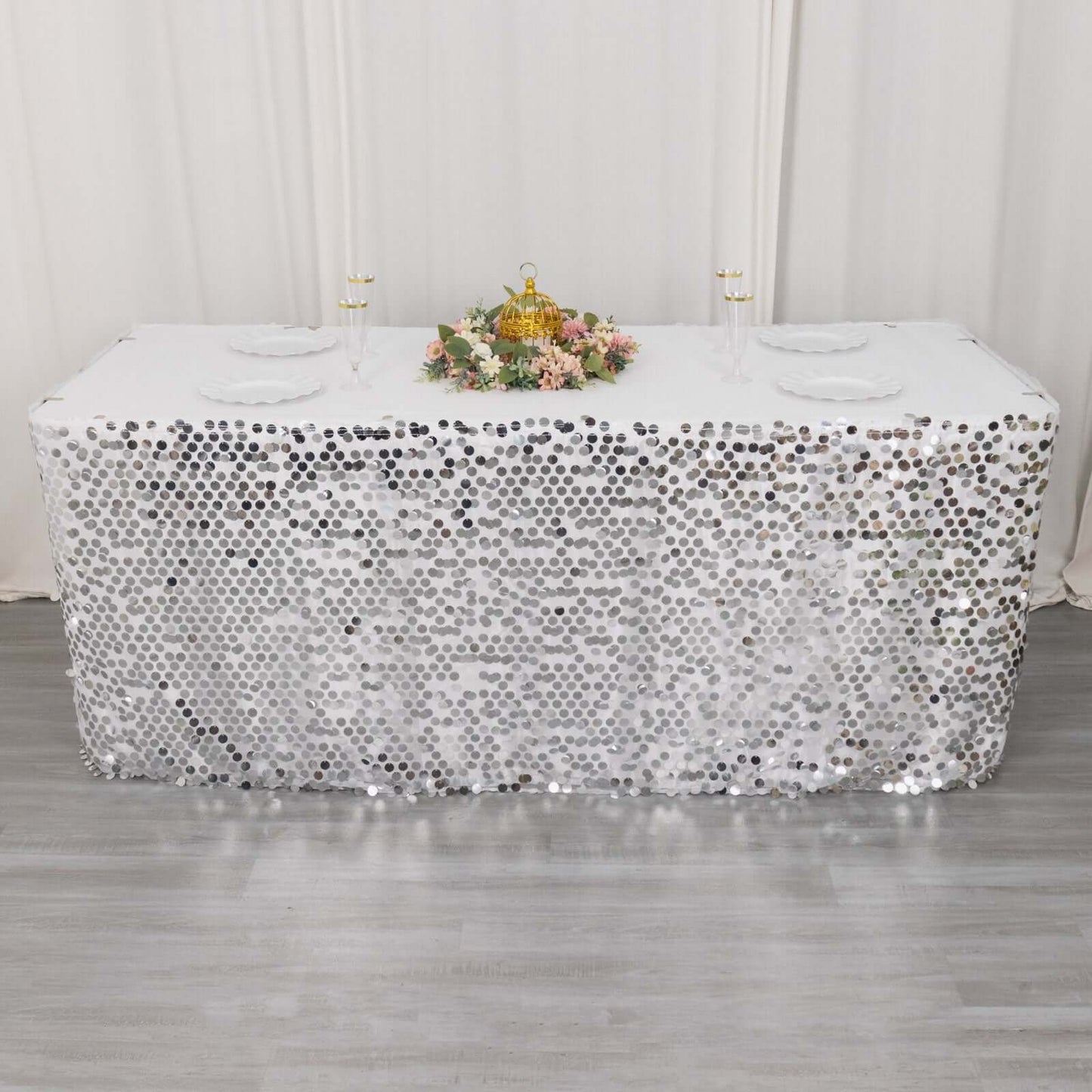 Payette Sequin 21ft Table Skirt Silver - Dual Layered Satin Table Cover