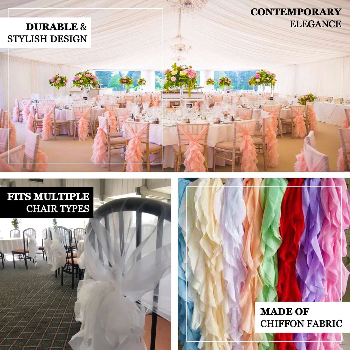 1 Set Chiffon Hoods Chair Sashes with Willow Ruffles Design Taupe - Stylish Chair Bow Decor