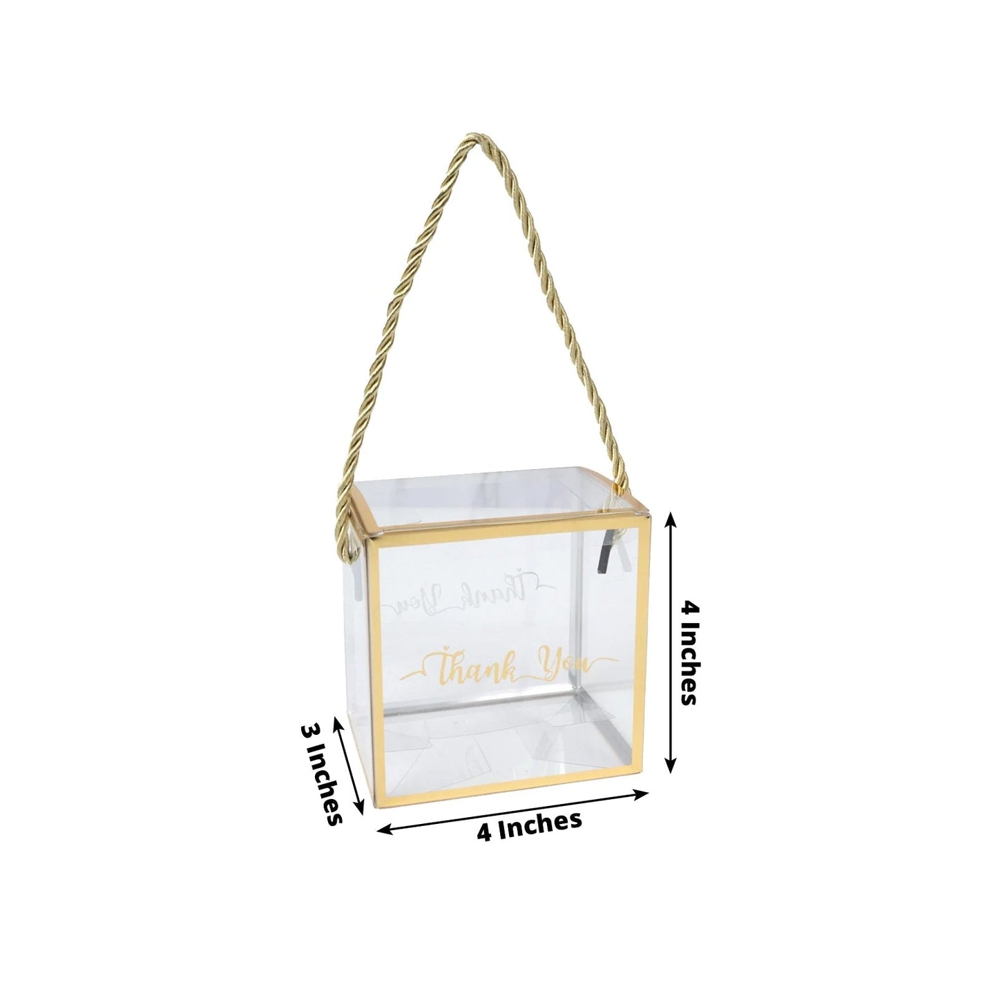 25 Pack Plastic Clear Square Gift Boxes with Gold Trim - Transparent Favor Boxes, Rope Handle, Pre-Printed Thank You Message - 4"x4"