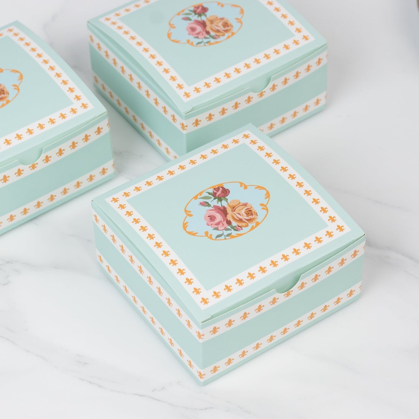 25-Pack Gift Boxes Vintage Rose Floral â€“ Turquoise Cardstock Favor Boxes for Cookies, Candies, and Mini Keepsakes - 4"x4"x2"