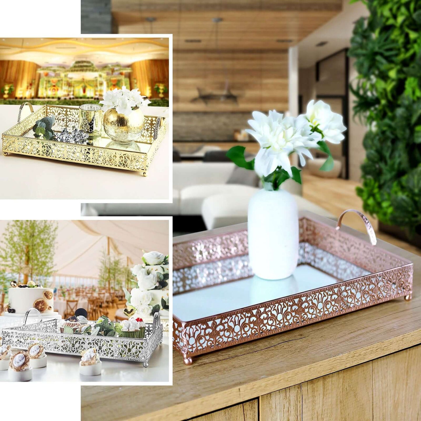 Metal Mirrored Rectangle Serving Tray 16"x12" in White Fleur De Lis Design with Handles, French Inspired Decorative Vanity Tray Centerpiece