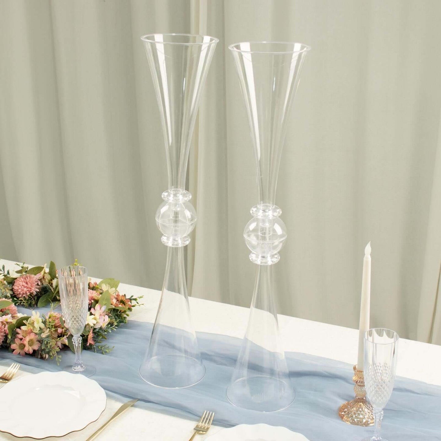 2-Pack Flower Vases Trumpet Design with Crystal Embellishments Clear - Reversible Plastic Centerpieces for Events 27"