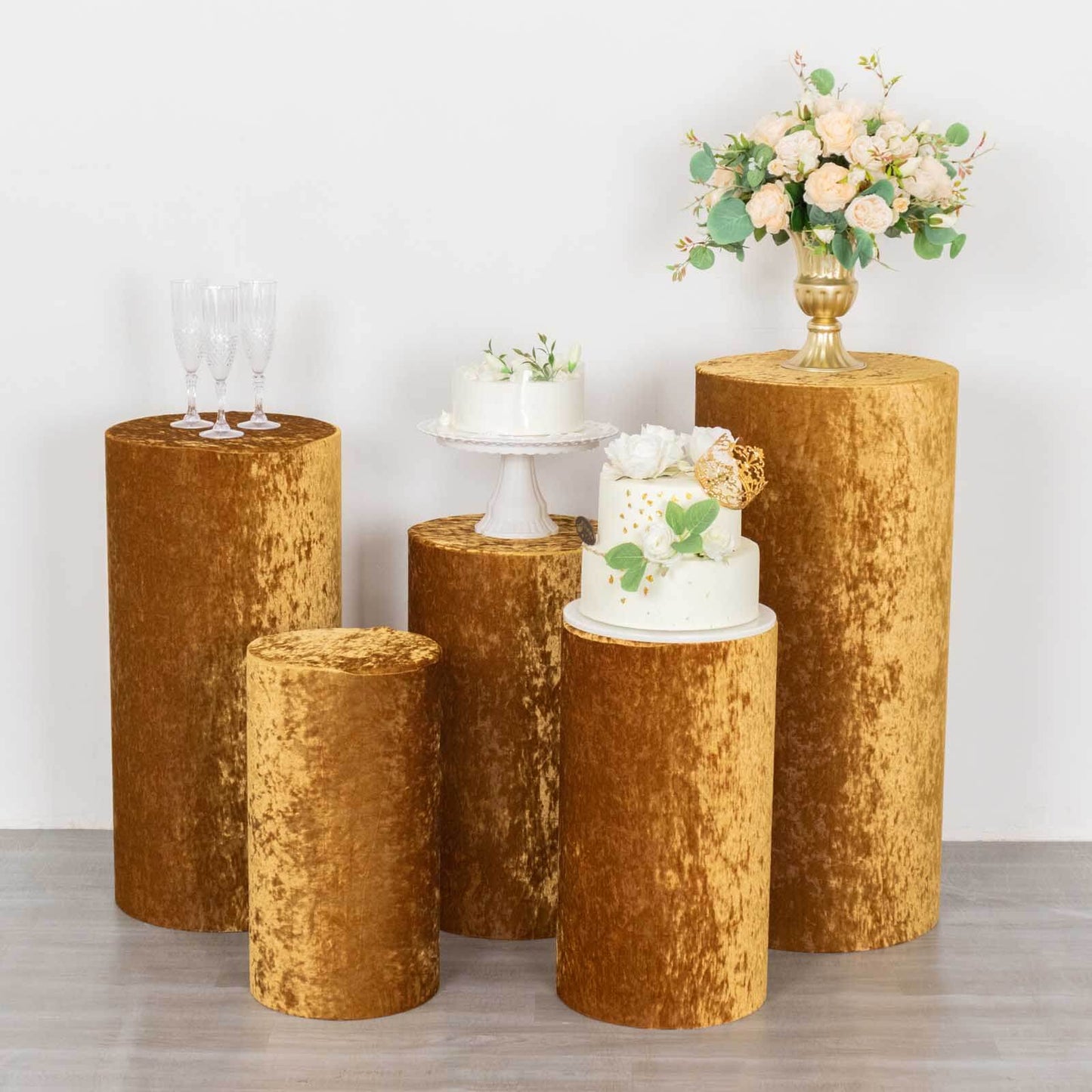 Set of 5 Gold Crushed Velvet Cylinder Pedestal Stand Covers, Premium Pillar Prop Covers