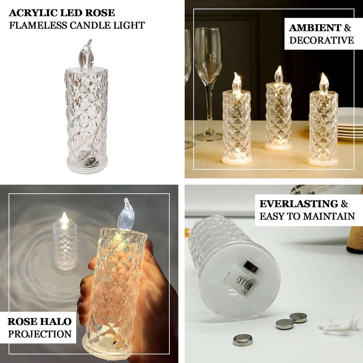 3-Pack LED Flameless Candle Lights Rose Halo Acrylic Diamond Pattern Warm White - Pillar Lamps 6"