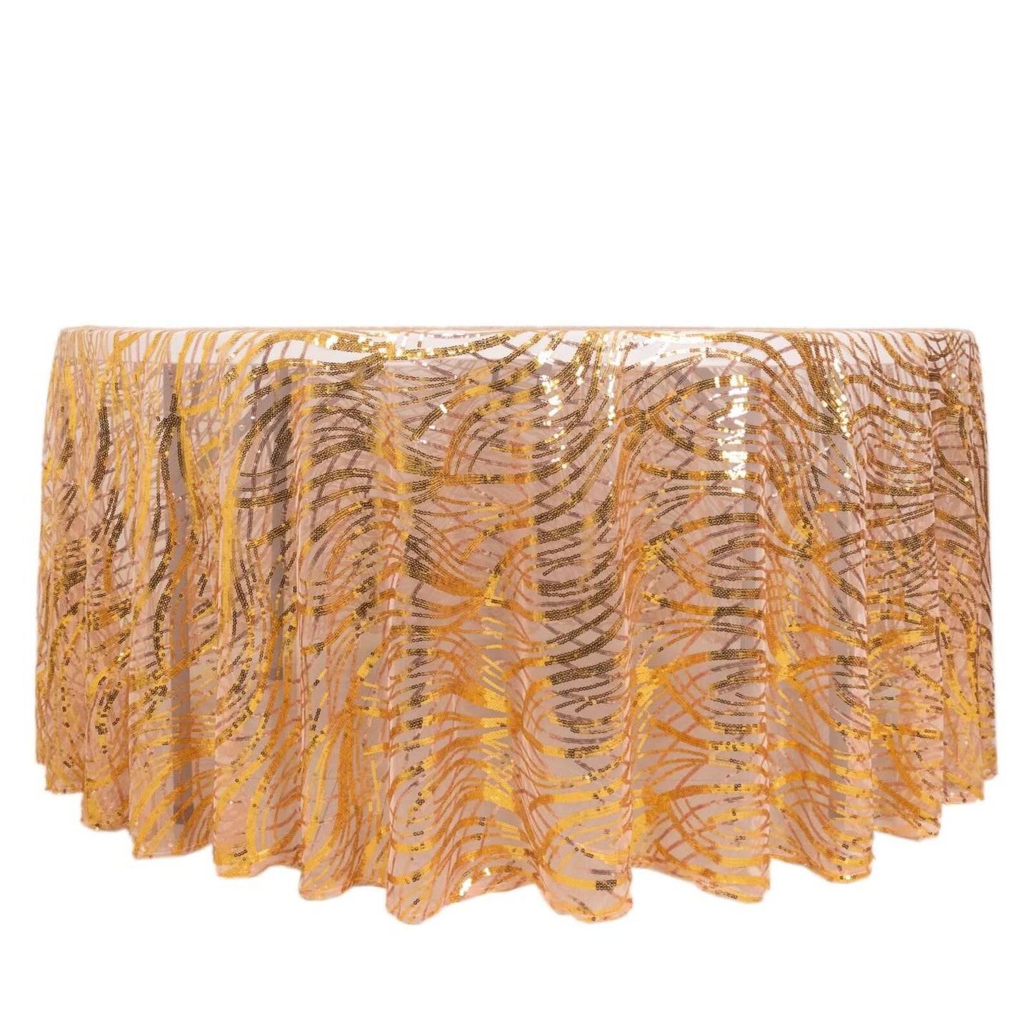 Sequin Mesh 120" Round Tablecloth Rose Gold/Gold - Seamless Wave Embroidered Table Cover