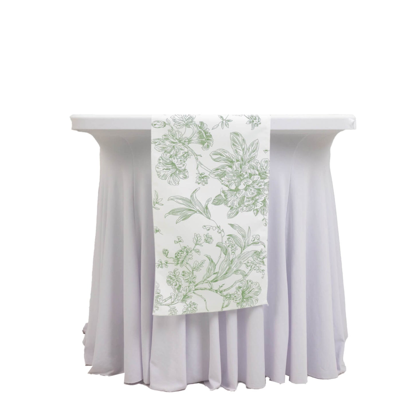 Polyester Table Runner 12"x108" White with Dusty Sage Green French Toile Floral Print Reusable Table DÃ©cor