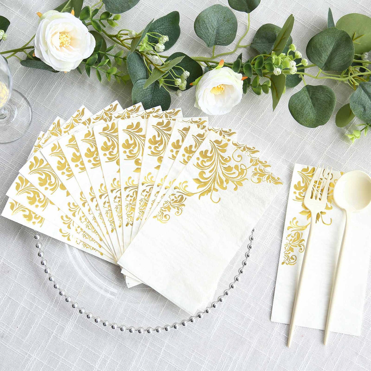 50-Pack Paper Napkins White with Gold Baroque Floral Print - Stylish Disposable Dinner Napkins 8"x4"
