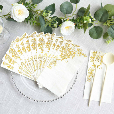 50-Pack Paper Napkins White with Gold Baroque Floral Print - Stylish Disposable Dinner Napkins 8"x4"