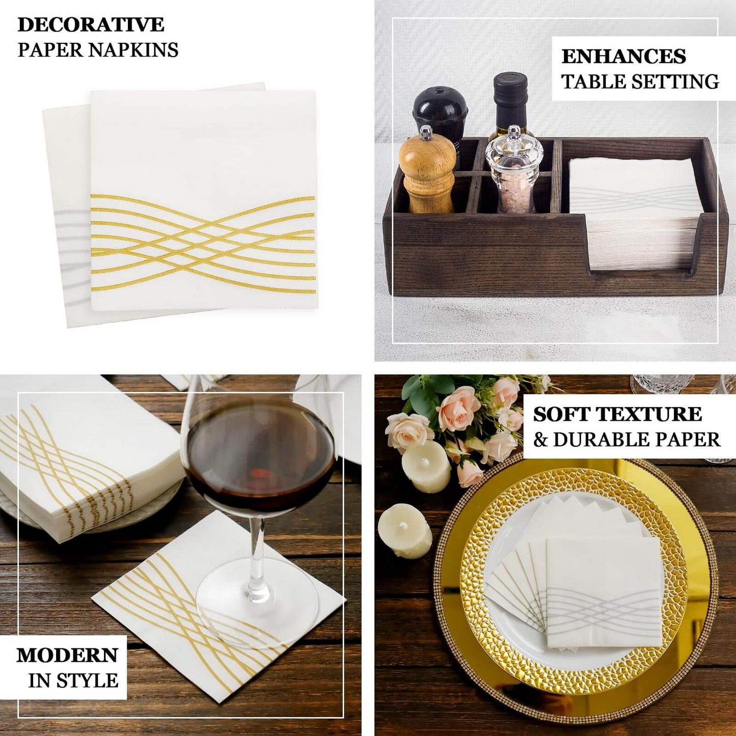 20 Pack Linen-Like Paper 5"x5" Napkins White with Gold Foil Wave Design - Classy Disposable Airlaid Cocktail Napkins