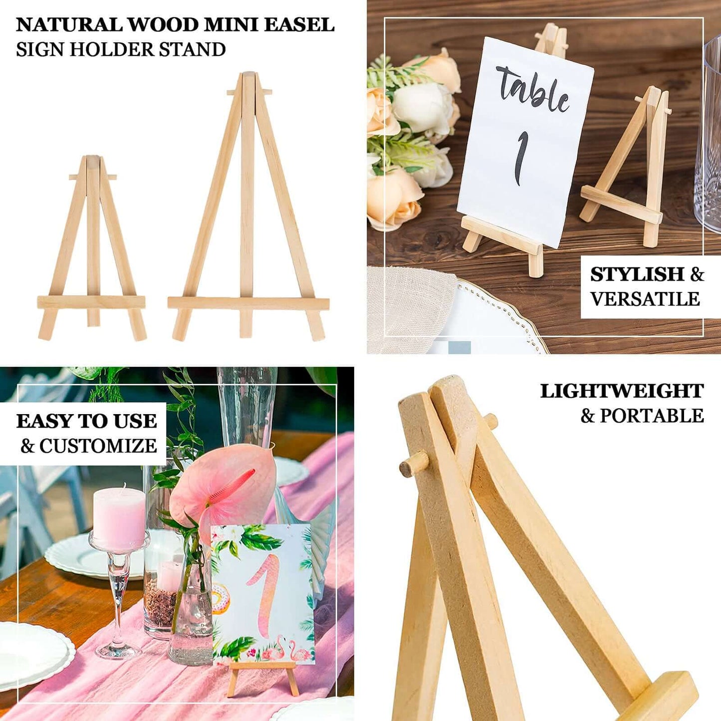 10-Pack Wooden Display Easel Stands DIY Mini Design Natural - Rustic Place Card Table Number Holders 5"
