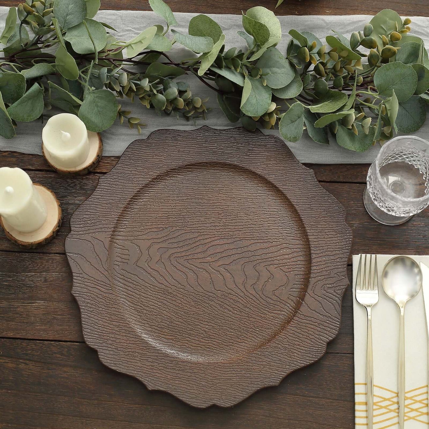 6-Pack Acrylic Round Charger Plates 13" in Rustic Brown with Wood Grain Scalloped Rim, Decorative Dinner Party Charger Tableware