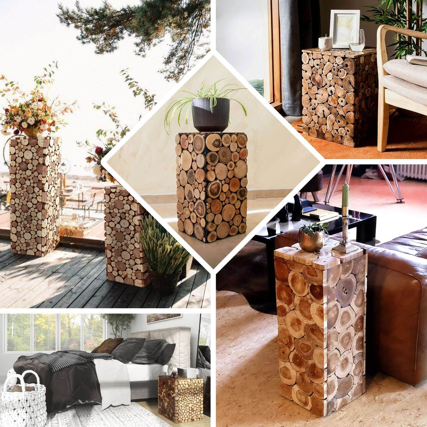 24" Natural Wooden Slices Pillar Prop Pedestal Stand, Rustic Farmhouse Wood Riser Rectangular Plant Stand