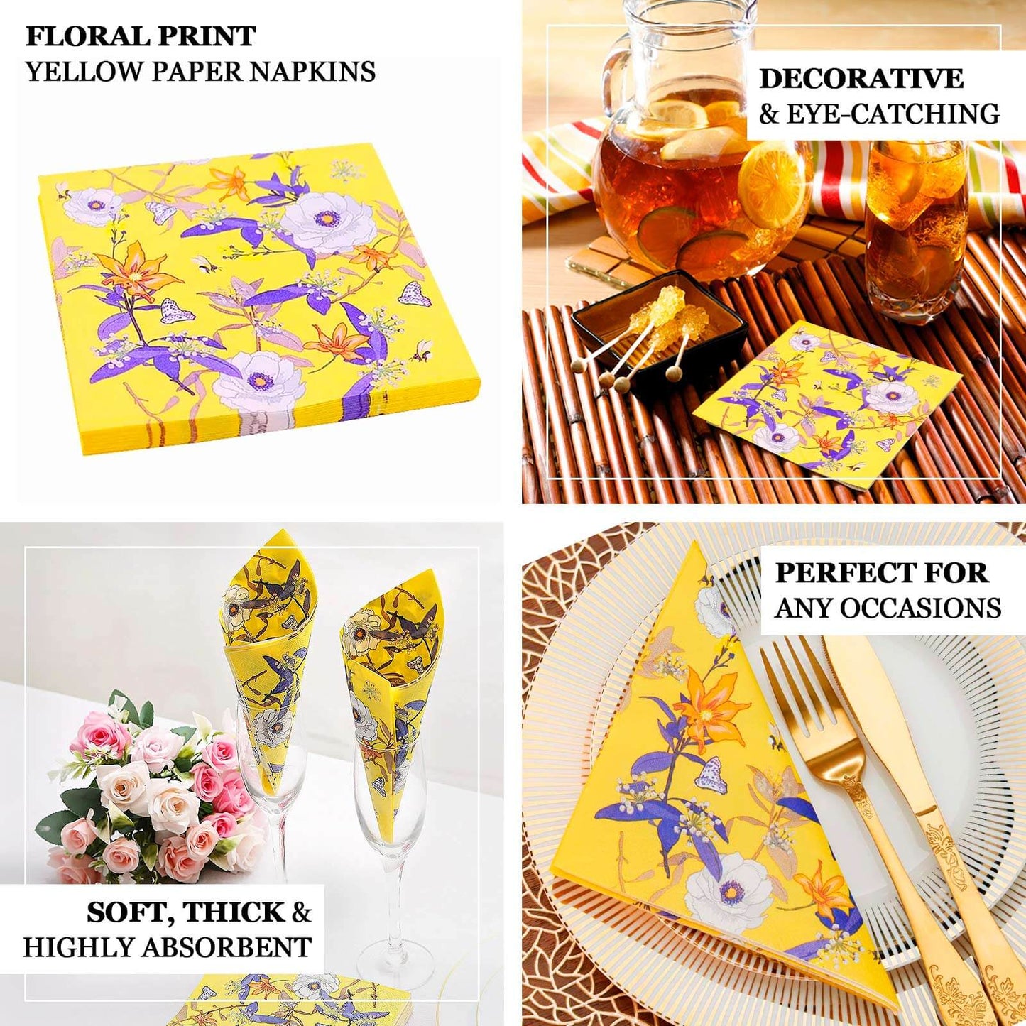 20-Pack Paper Beverage Napkins with Blooming Flowers Design Yellow - 2 Ply Soft 18GSM Floral Wedding Napkins 6.5"x6.5"