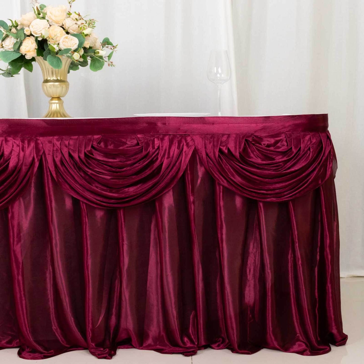 Satin 14ft Table Skirt Burgundy - Pleated Double Drape Table Cover
