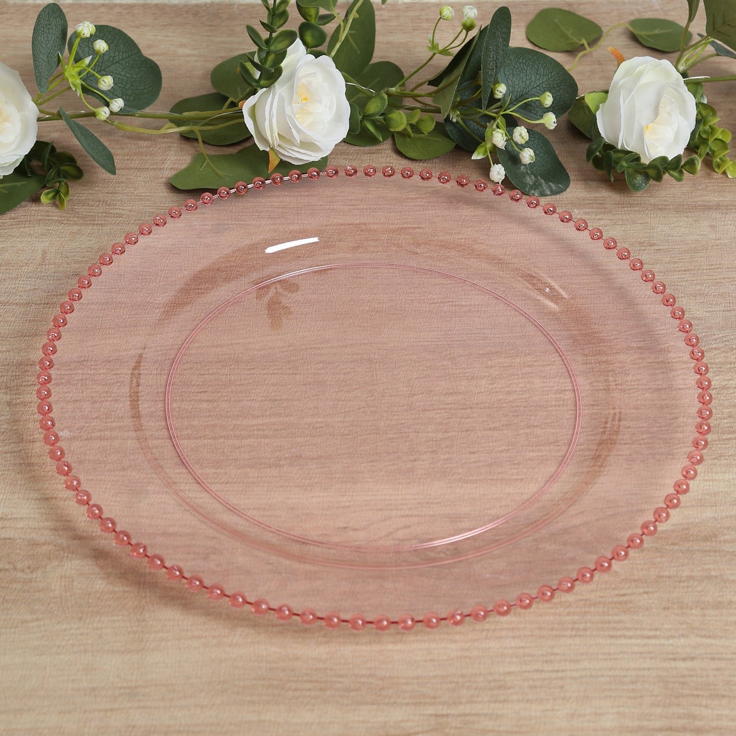 10-Pack Economy Round Plastic Charger Plates 13" in Transparent Blush with Beaded Rim, Stylish Dinner Party Serving Plates