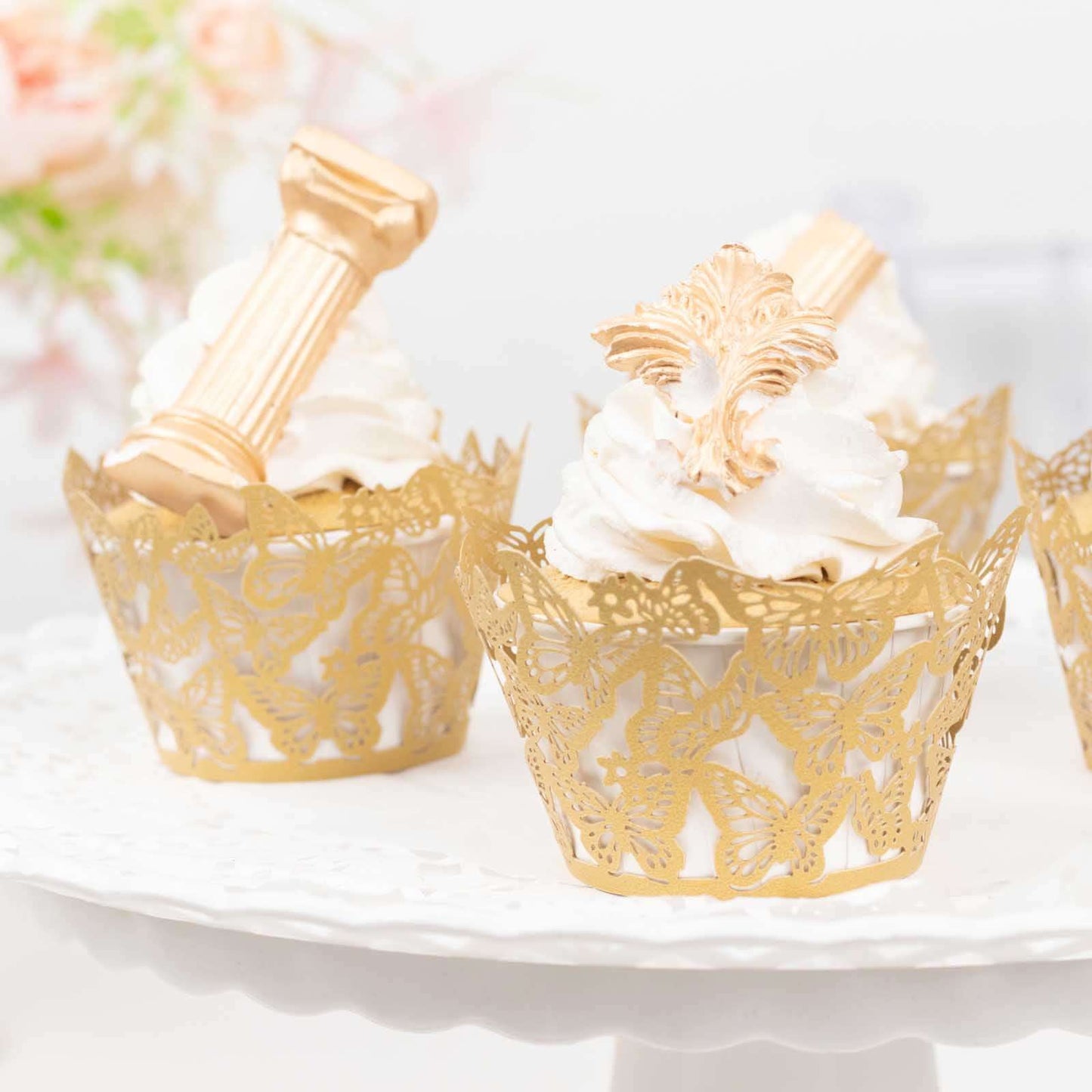 25-Pack Paper Cupcake Liners Butterfly Lace Pattern Design Gold - Round Muffin Wrapper Cups 3"