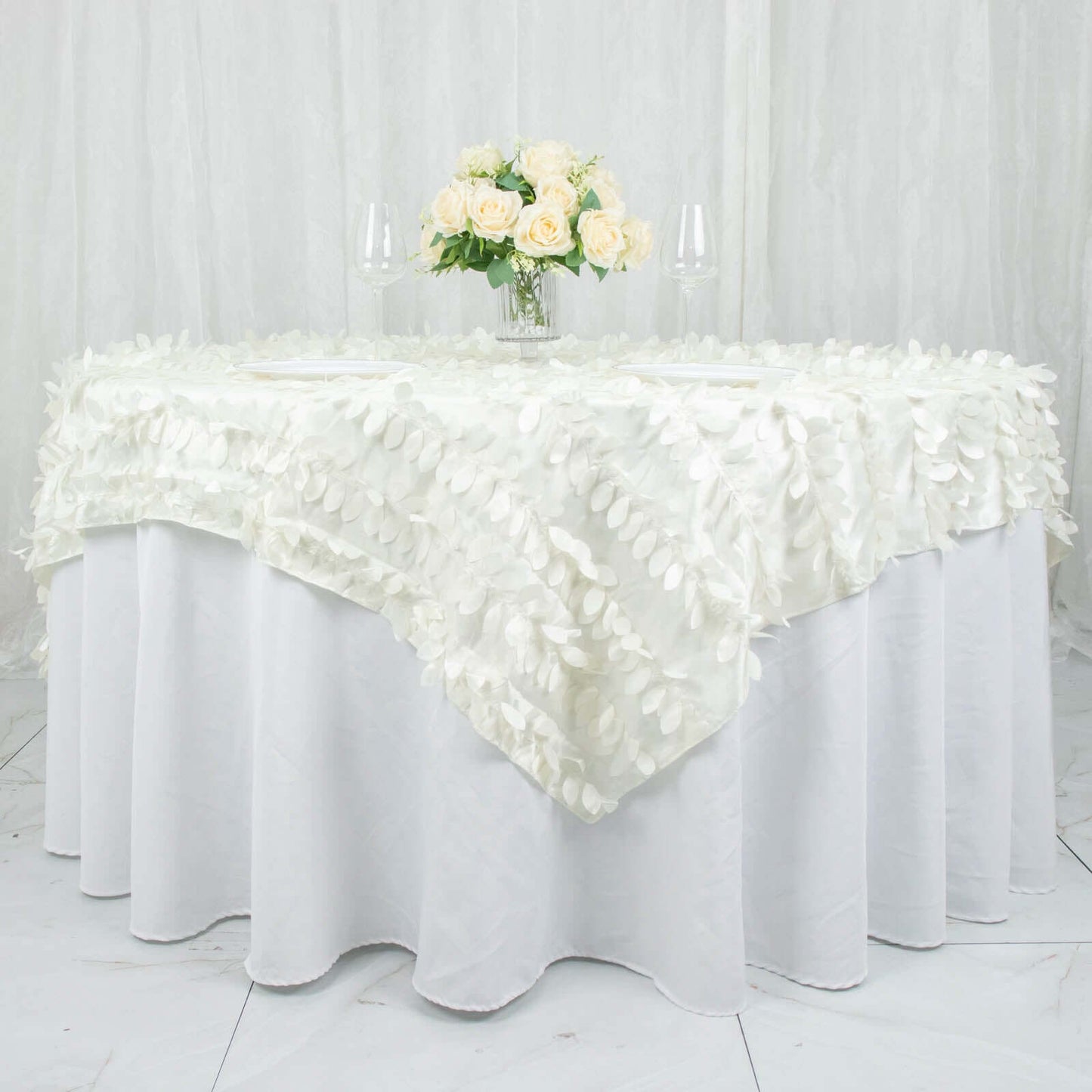 Taffeta 72"x72" Table Overlay Square Tablecloth Ivory - 3D Leaf Petal Table Cover