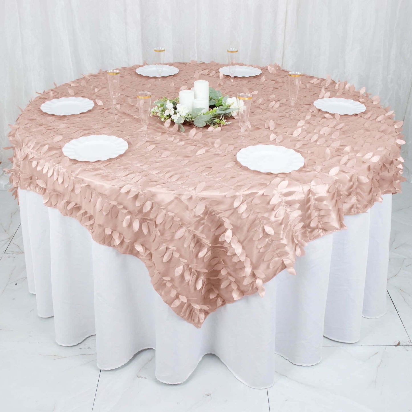Taffeta 72"x72" Table Overlay Square Tablecloth Dusty Rose - 3D Leaf Petal Table Cover