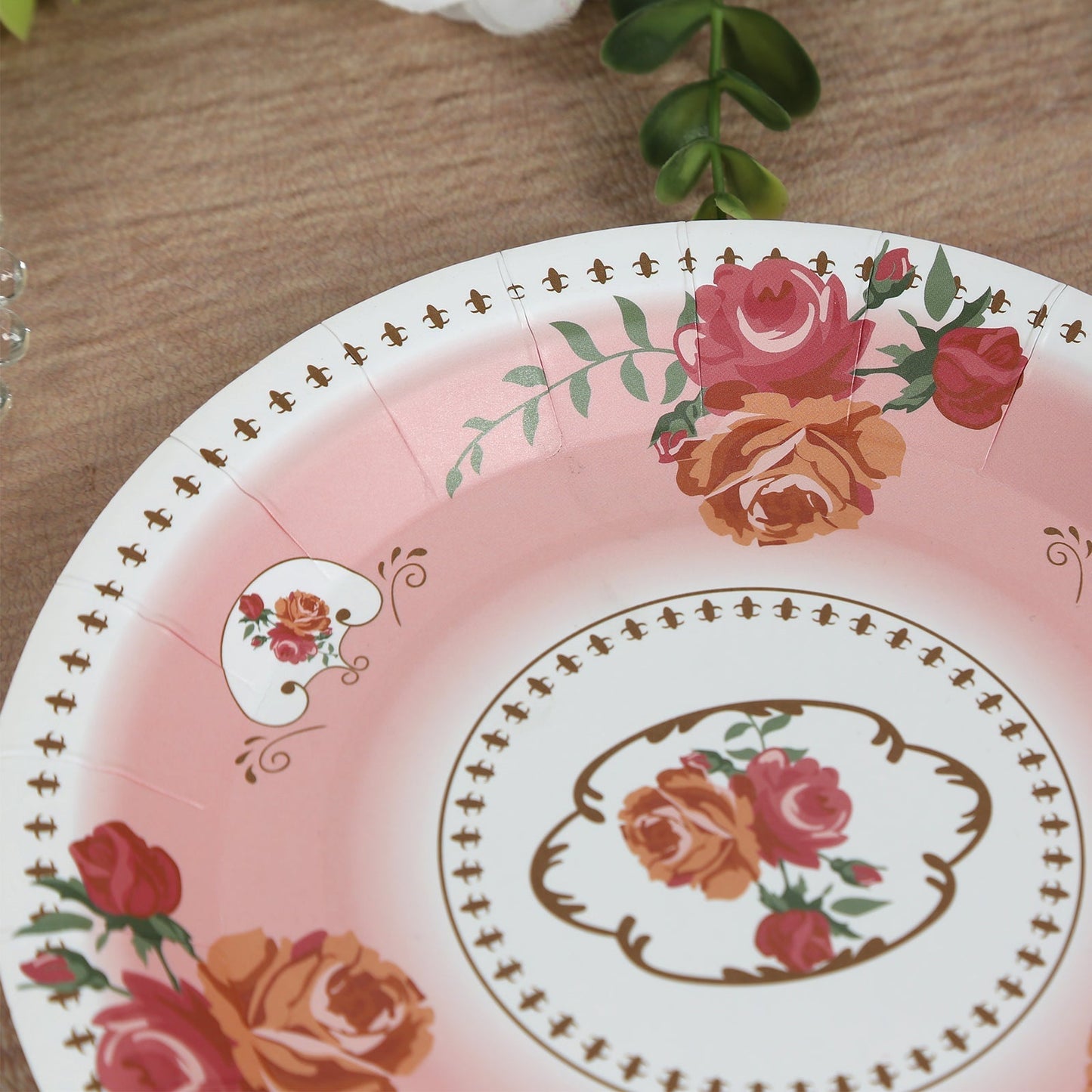 25-Pack Paper 7" Round Dessert Plates in Dusty Rose with Vintage Rose Flower Print - Disposable Appetizer Salad Plates