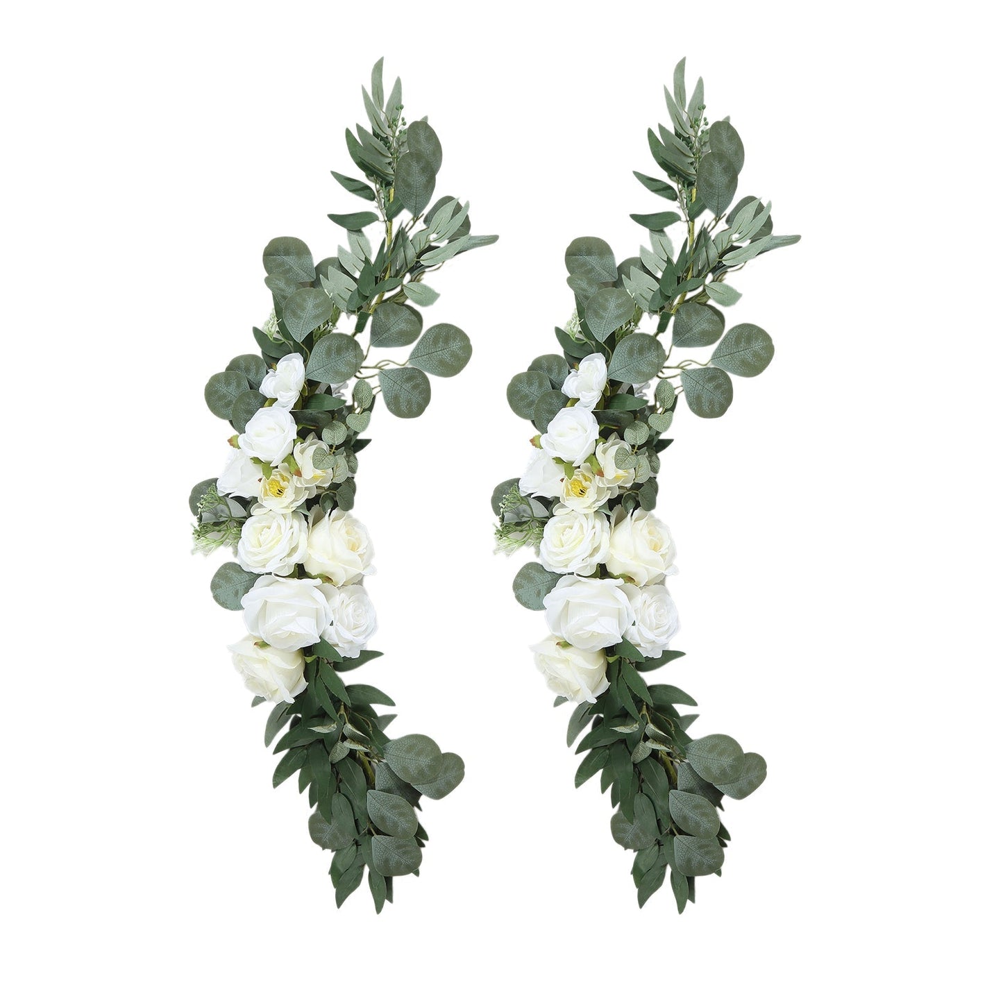 Set of 2 White Silk Rose Wedding Arch Flowers with Eucalyptus Leaves, Artificial Floral Swag Arrangement Party Decorations - 20",30"
