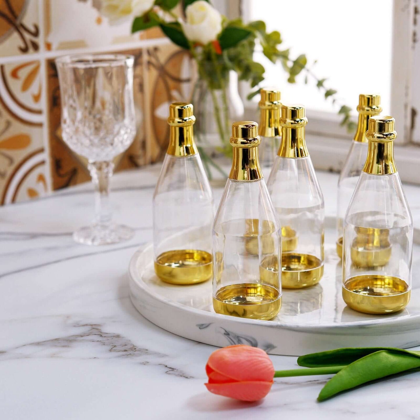 12-Pack Fillable Mini Champagne Bottle Candy Container Clear Gold - Unique Candy Treat Favor Containers 6"