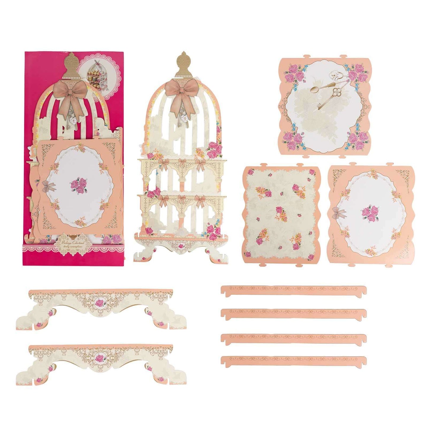 3 Tier Cardboard Cupcake Stand White/Peach Birdcage Style - Charming Reusable Cake Display Holder with Floral Print for Dessert Bars Afternoon Teas & Party Decor 18"