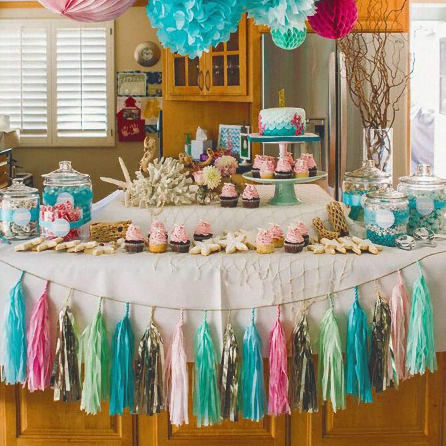 12 Pack Pre-Tied Turquoise Tissue Paper Tassel Garland With String, Hanging Fringe Party Streamer Backdrop Decor