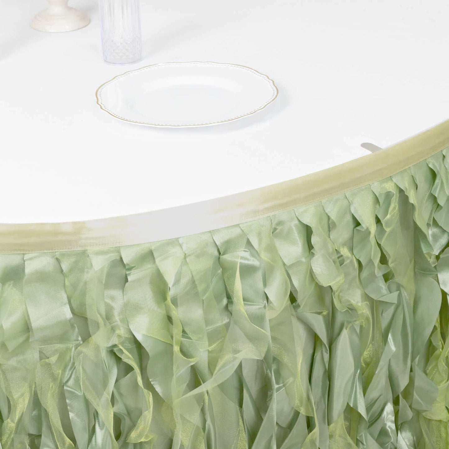 Taffeta 14ft Table Skirt Sage Green - Cascading Curly Willow Style Table Cover