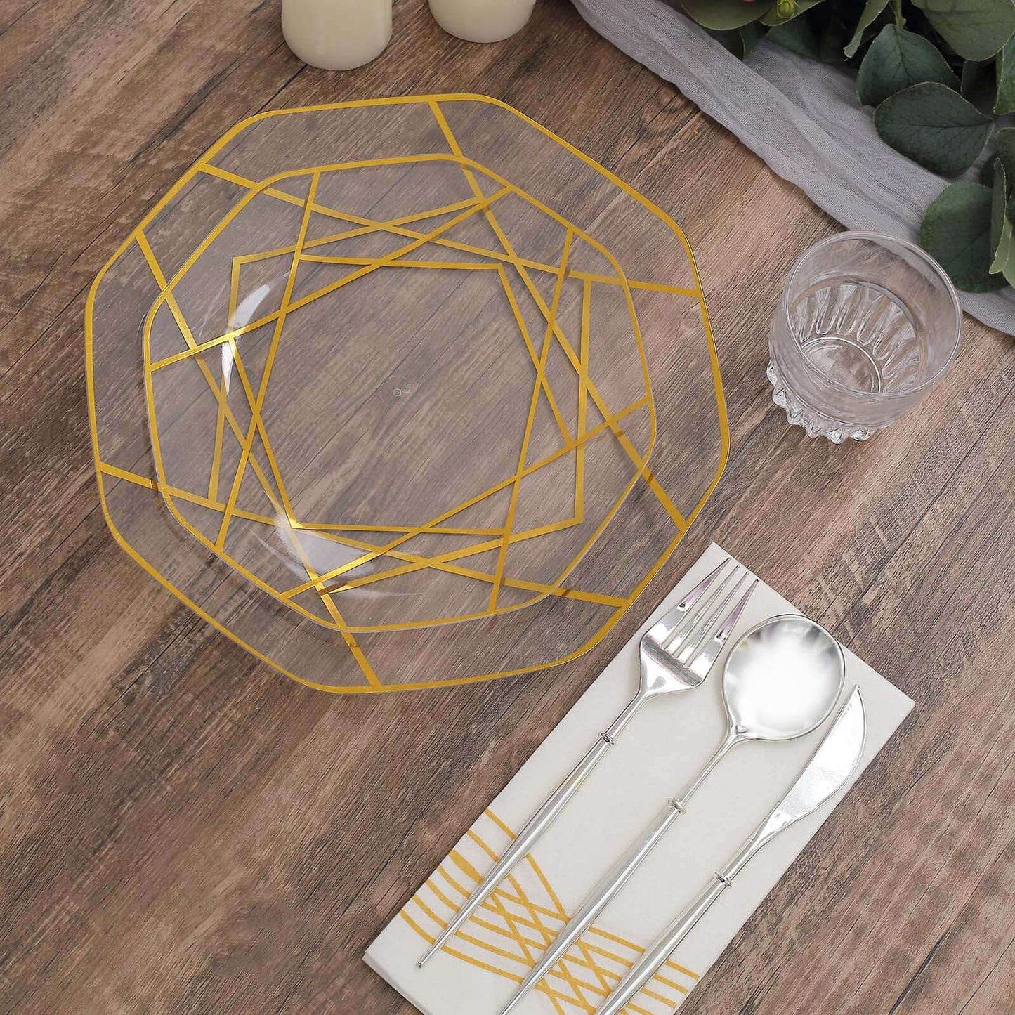 10-Pack Plastic 10" Octagon Dinner Plates in Clear - Modern Disposable Party Plates with Gold Geometric Design for Special Occasions & Celebrations