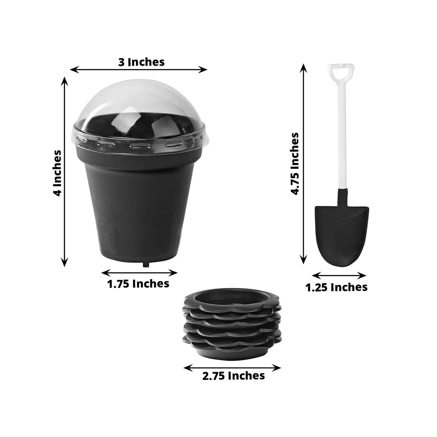 12-Pack Dessert Cups Succulent Planter Design Black - Plastic Serving Cups with Lids and Shovels 4"