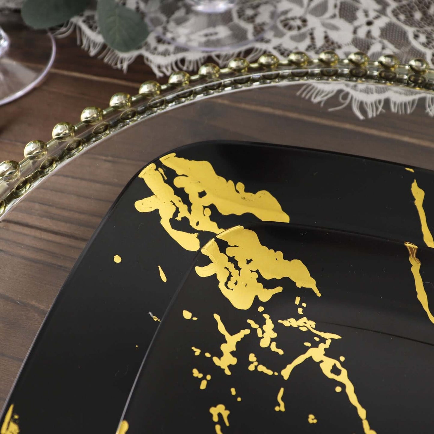 10-Pack Plastic 8" Square Dessert Plates in Black with Gold Marble Design - Disposable Appetizer Salad Party Plates