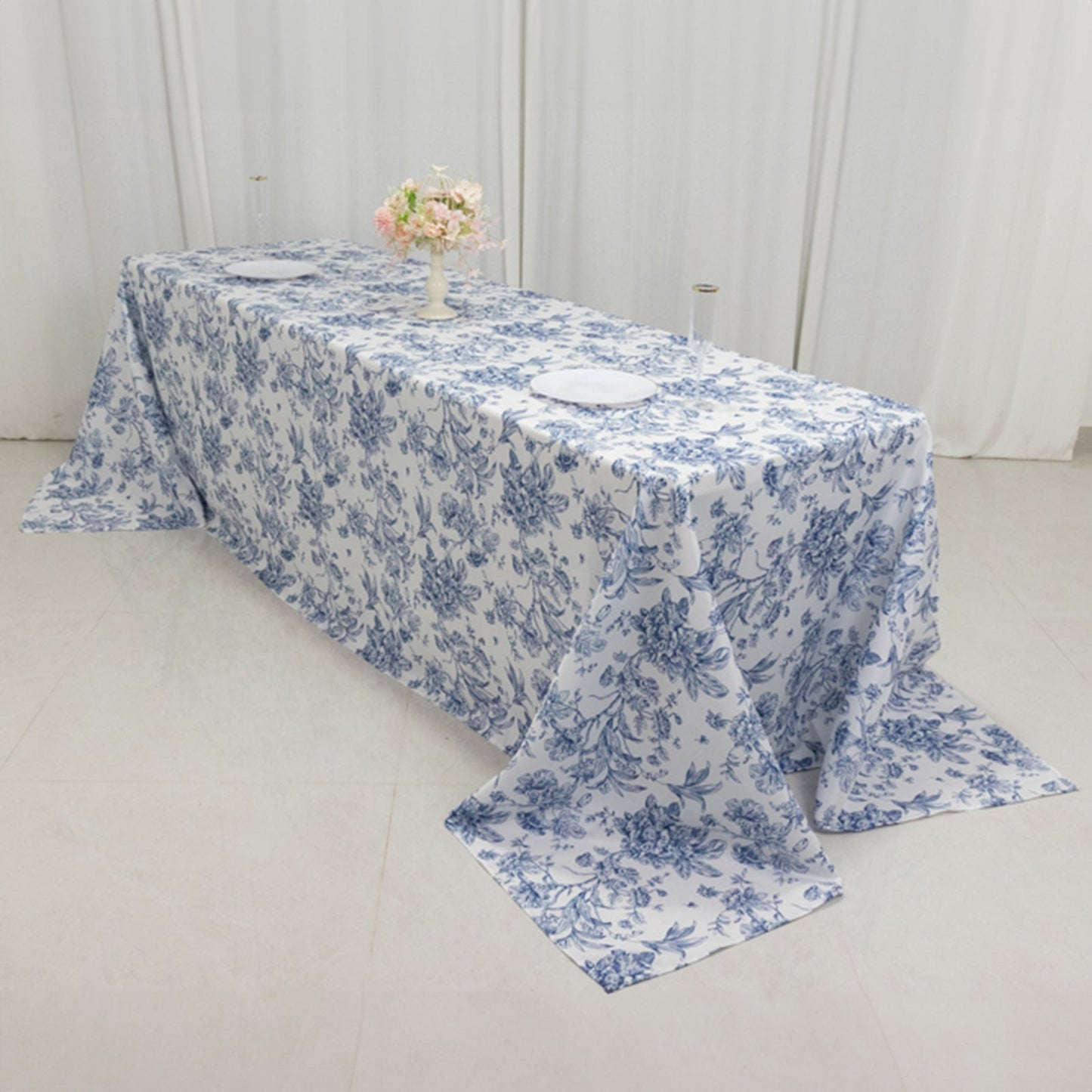 Polyester 90"x156" Rectangle Tablecloth White - Seamless Blue French Toile Pattern for Chic Weddings