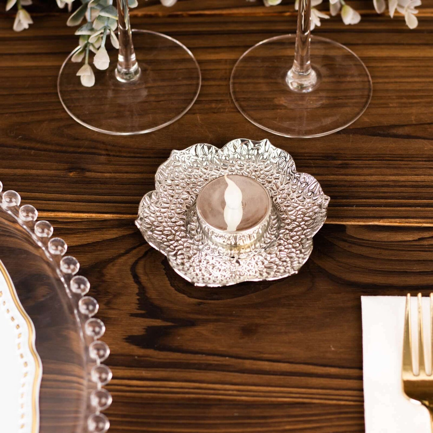 3-Pack Metal Votive Candle Holders Plum Blossom Design Shiny Silver - Vintage Mini Tea Cup Saucers 4"