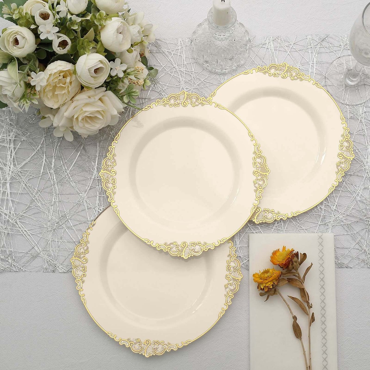 10-Pack Plastic 8" Round Dessert Plates in Ivory with Gold Leaf Embossed Rim - Disposable Vintage Baroque Style Salad Plates