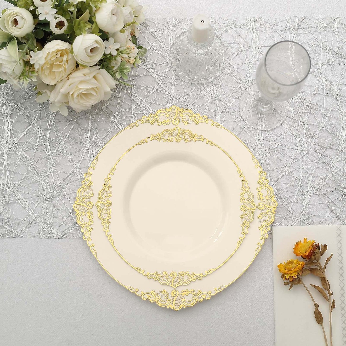 10-Pack Plastic 8" Round Dessert Plates in Ivory with Gold Leaf Embossed Rim - Disposable Vintage Baroque Style Salad Plates