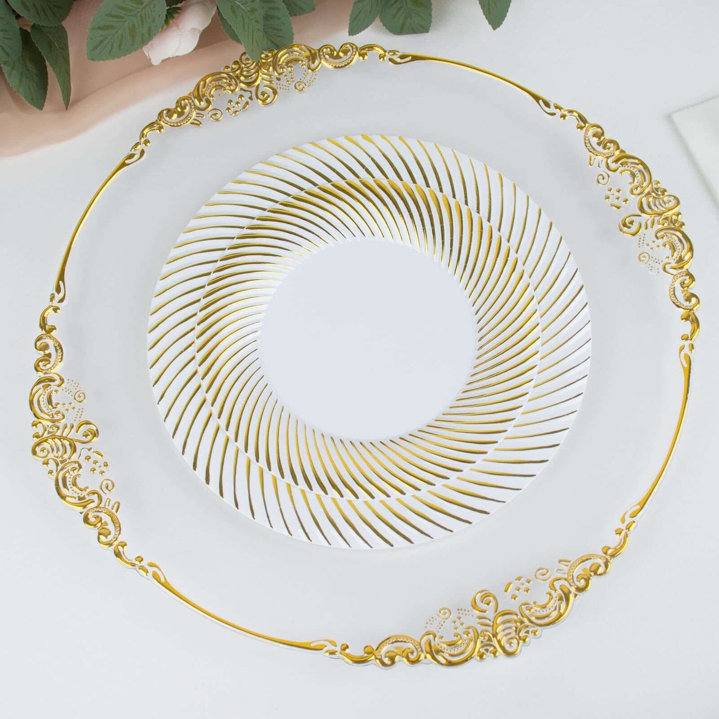 10-Pack Plastic 7" Round Dessert Plates in White with Gold Swirl Rim - Disposable Salad Plates for Classy Events & Banquets