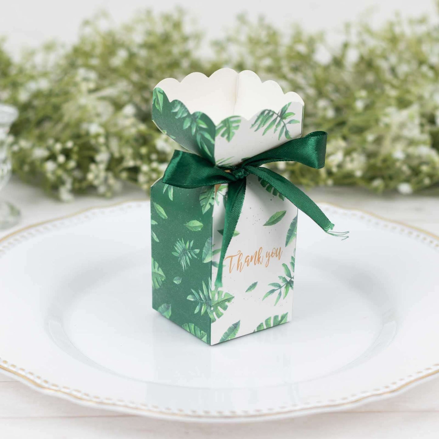 25 Pack White Green Leaf Print Satin Ribbon Candy Gift Boxes With Floral Top, Cardstock Paper Party Favor Boxes - 2"x5"