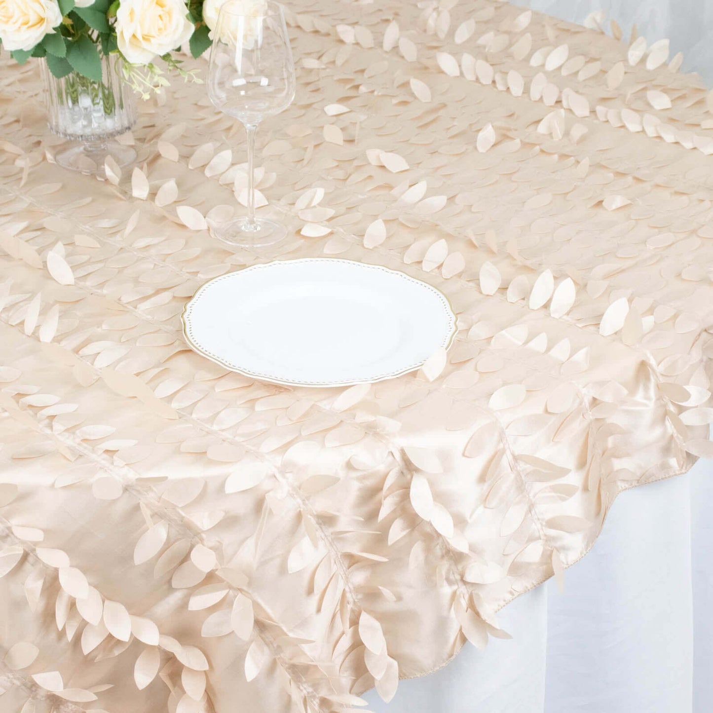 Taffeta 72"x72" Table Overlay Square Tablecloth Beige - 3D Leaf Petal Table Cover