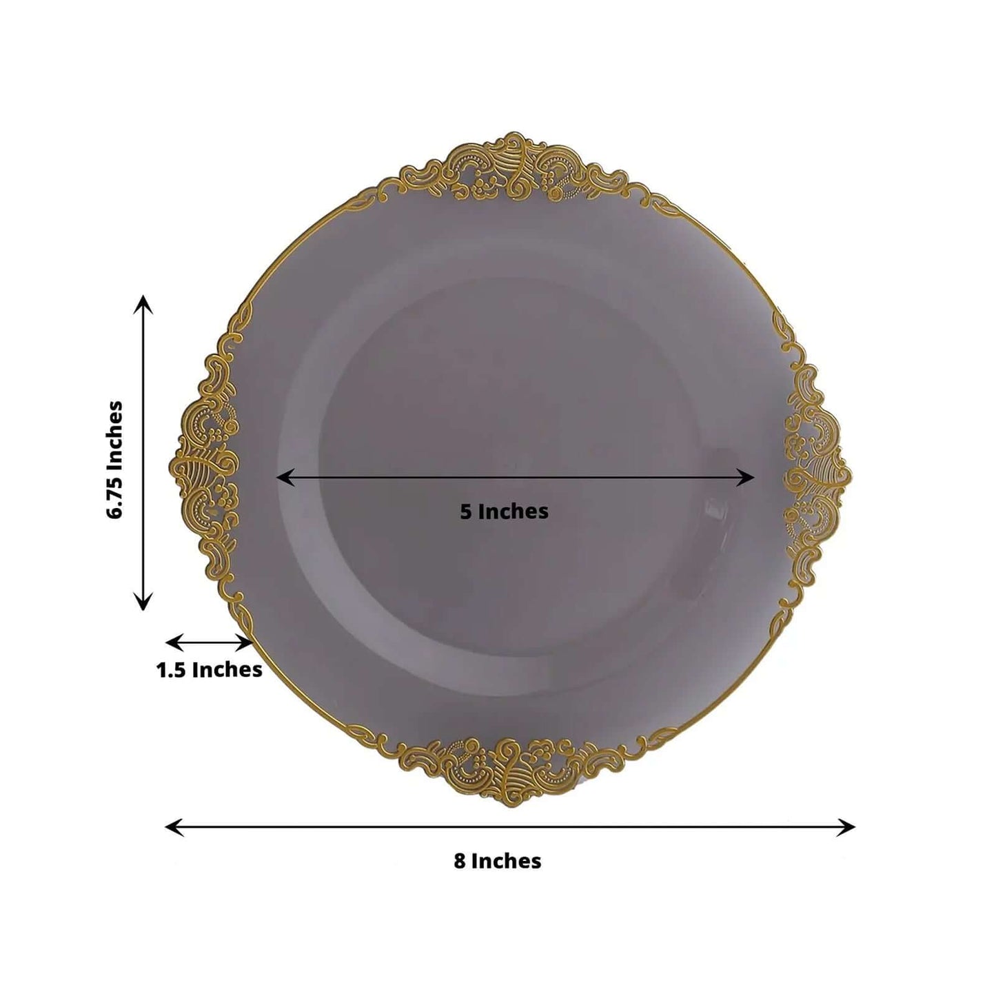 10-Pack Plastic 8" Round Dessert Plates in Transparent Black with Gold Leaf Embossed Rim - Disposable Vintage Baroque Style Salad Plates